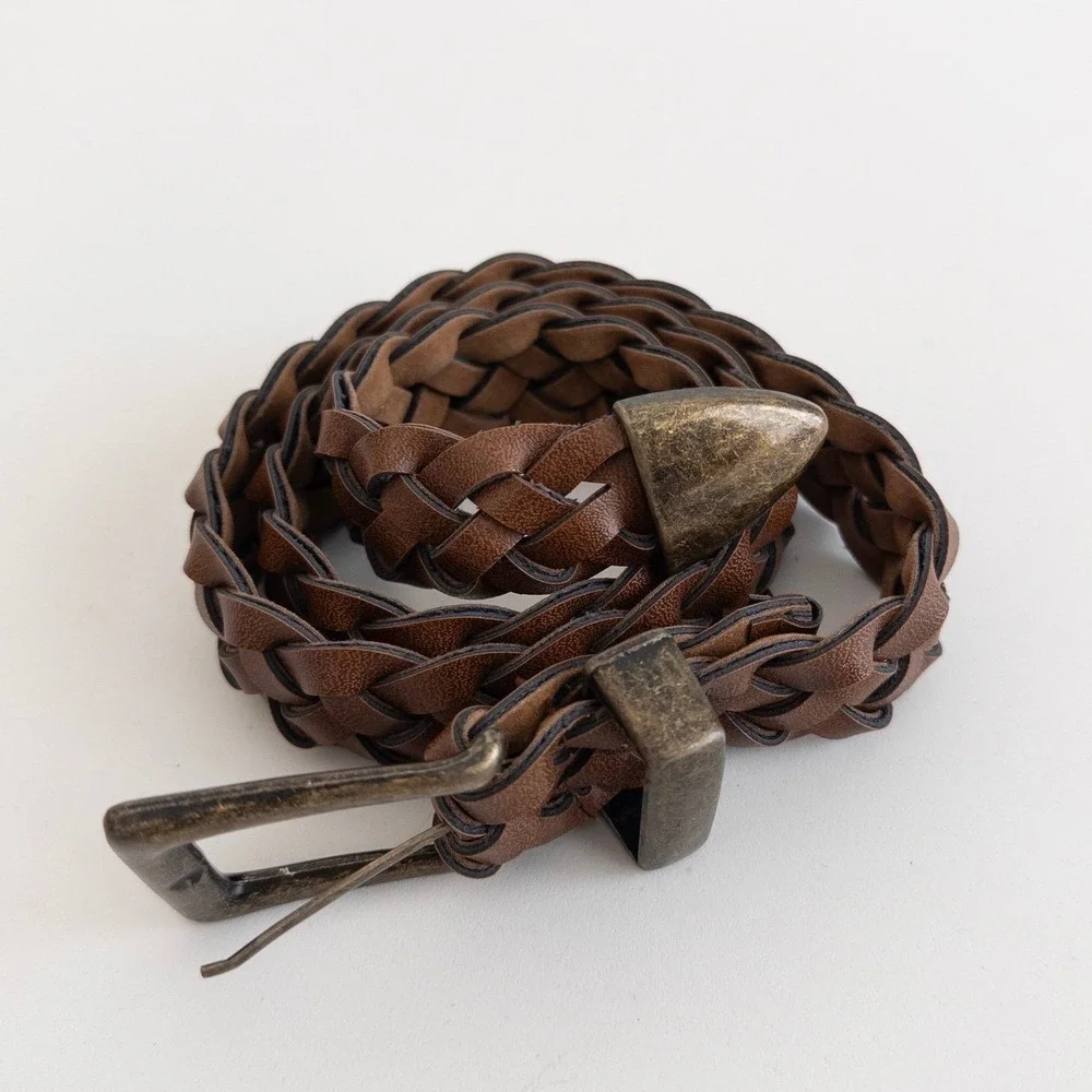 Womens Braided Belt Size‎ M Brown Faux Leather Antique Brass Buckle Western Boho